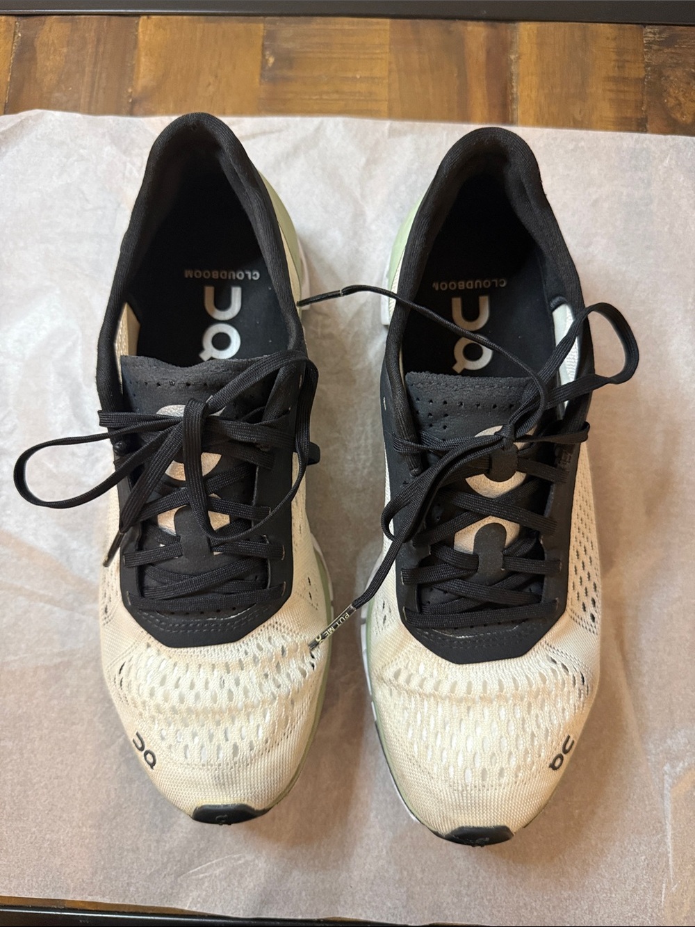 On Running Women's Cloudboom Running Shoes in White, Black and Light Green